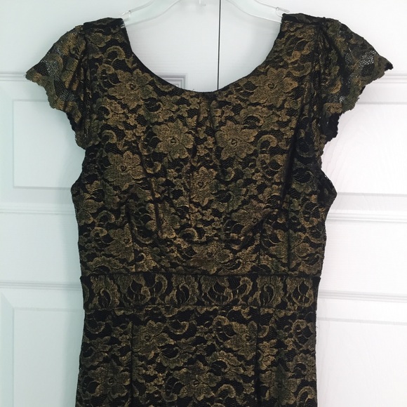 Golden lace calf length formal evening dress - Picture 5 of 7